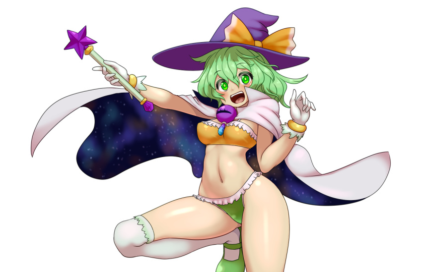 1girl :d alternate_costume arm_up bandeau bangs blush bow bracelet breasts cape commentary_request cowboy_shot daajirin.koucha eyebrows_visible_through_hair frilled_panties frills gloves green_eyes green_footwear green_hair green_panties hair_between_eyes hand_up hat hat_bow high_collar holding holding_wand jewelry komeiji_koishi looking_at_viewer mary_janes medium_breasts navel open_mouth orange_bow panties purple_headwear shoes short_hair simple_background smile solo space_print standing standing_on_one_leg star starry_sky_print stomach thigh-highs thighs third_eye touhou underwear wand white_background white_cape white_gloves white_legwear witch_hat