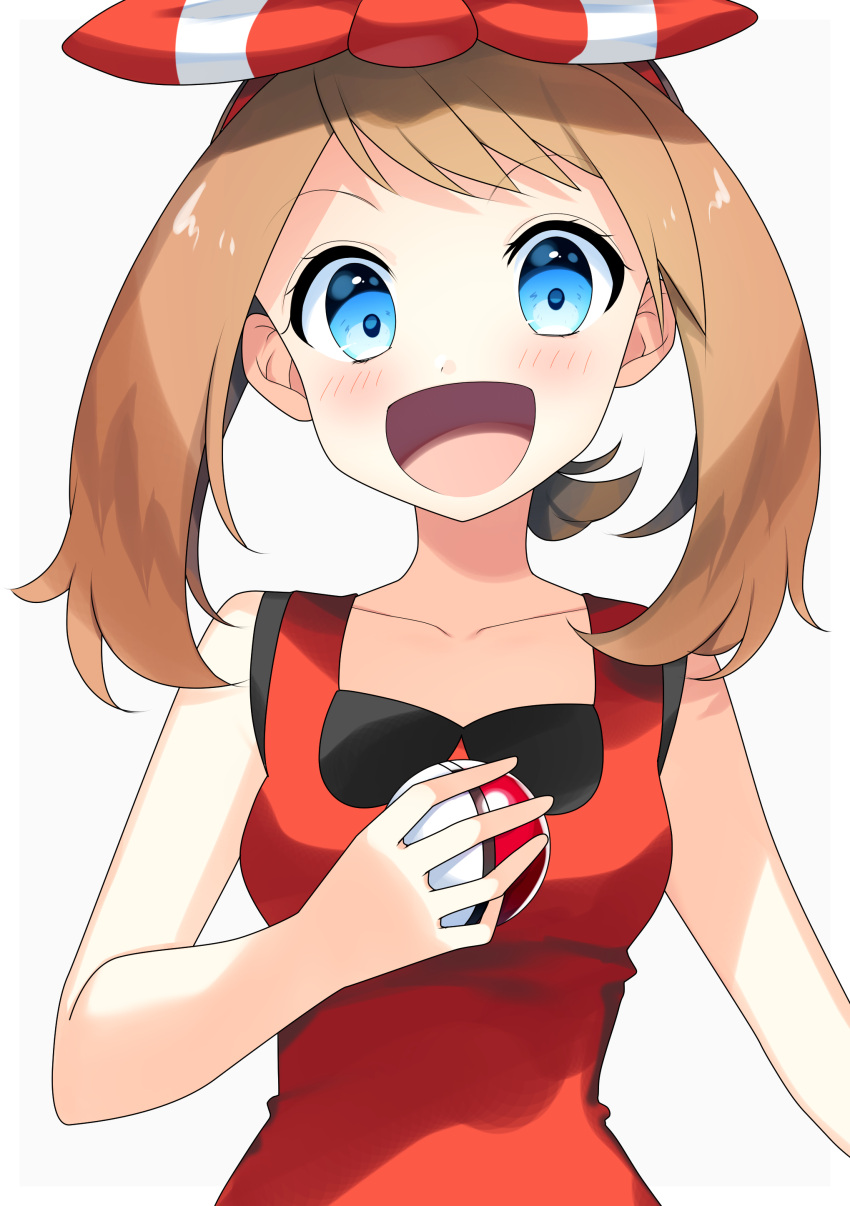 1girl :d absurdres blue_eyes bow breasts brown_hair collarbone eyebrows_visible_through_hair hair_bow hairband haruka_(pokemon) highres holding holding_poke_ball long_hair looking_at_viewer open_mouth poke_ball pokemon pokemon_(game) pokemon_oras red_hairband red_shirt shirt simple_background sleeveless sleeveless_shirt small_breasts smile solo striped striped_bow twintails upper_body white_background yuihiko