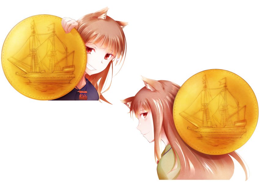1girl animal_ears blue_shirt brown_hair closed_mouth fudo_shin gold_coin green_shirt highres holo jewelry long_hair looking_at_viewer multiple_views necklace portrait pouch profile red_eyes shiny shiny_hair shirt simple_background smile spice_and_wolf white_background wolf_ears