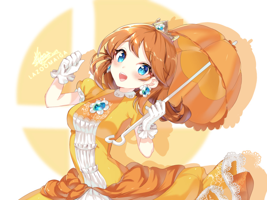 1girl artist_name blue_eyes breasts brooch brown_hair clenched_hand crown daisy dress earrings flower flower_earrings frills gloves highres holding holding_umbrella jewelry lace_trim lazoomaiga long_hair looking_at_viewer super_mario_bros. medium_breasts open_mouth orange_umbrella parasol princess_daisy short_sleeves simple_background smile solo super_smash_bros. umbrella white_background white_gloves yellow_dress