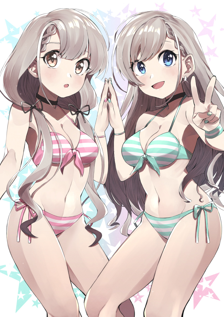 2girls :d :o absurdres aqua_nails bikini black_choker black_ribbon blue_eyes braid choker earrings fingernails front-tie_bikini front-tie_top glint hair_ribbon highres hisakawa_hayate hisakawa_nagi huge_filesize idolmaster idolmaster_cinderella_girls jewelry kamekiti low_twintails multiple_girls nail_polish navel open_mouth orange_eyes pink_nails ribbon siblings side-tie_bikini silver_hair sisters smile sparkle striped striped_bikini swimsuit twintails v wristband