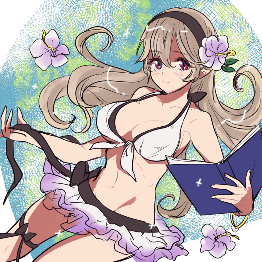 1girl bikini bikini_skirt book breasts closed_mouth cute dragon_girl elf female_my_unit_(fire_emblem_if) fire_emblem fire_emblem_heroes fire_emblem_if flower hair_flower hair_ornament hairband highres holding holding_book intelligent_systems kamui_(fire_emblem) large_breasts long_hair moe my_unit_(fire_emblem_if) navel nintendo open_book pointy_ears red_eyes smile solo sou_mei super_smash_bros. swimsuit thigh_strap white_hair