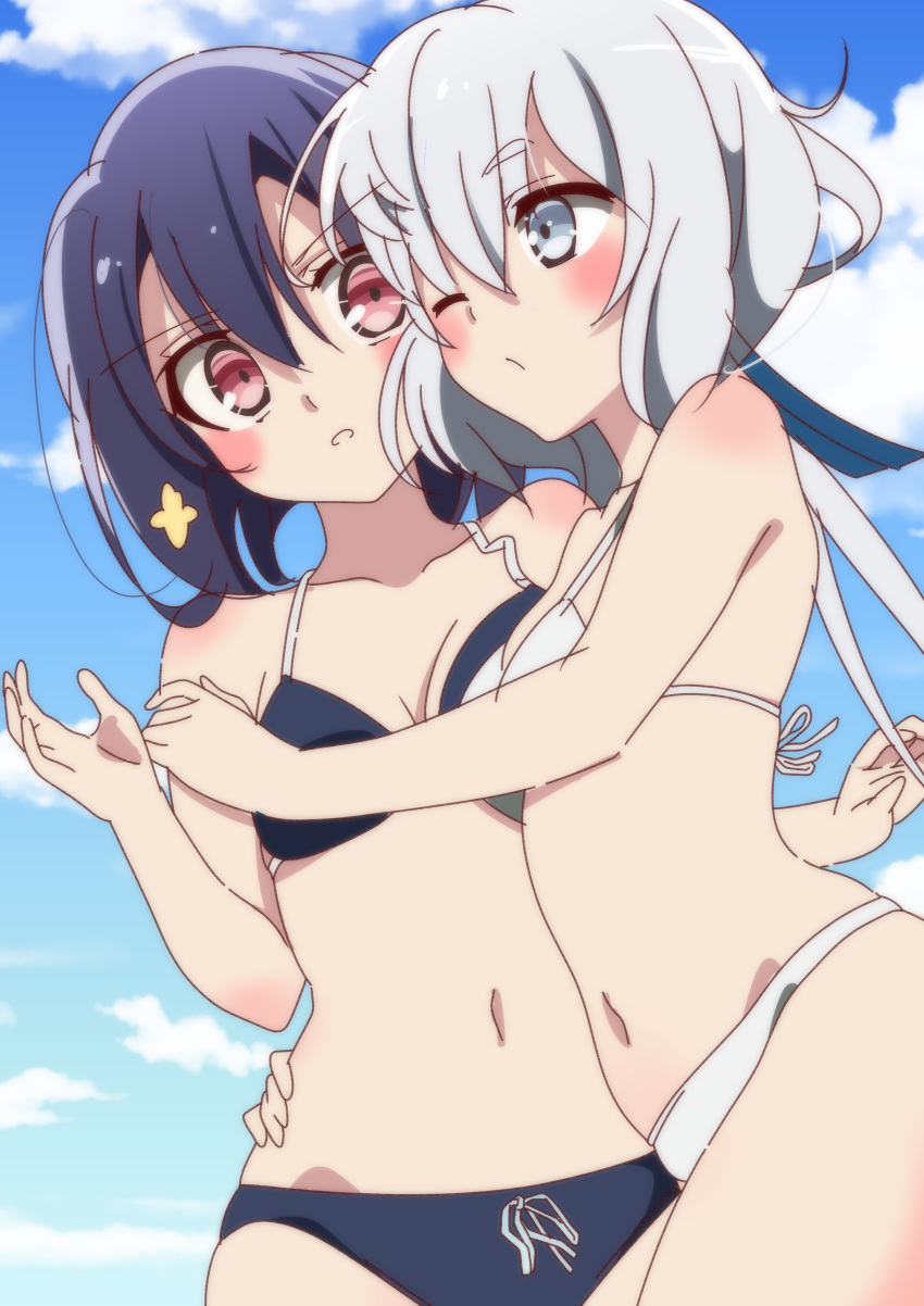 absurdres bikini black_bikini black_hair blue_eyes cheek-to-cheek commentary flower hair_flower hair_ornament highres konno_junko mizuno_ai one_eye_closed outdoors red_eyes silver_hair sinakyo sky swimsuit twintails white_bikini yuri zombie_land_saga