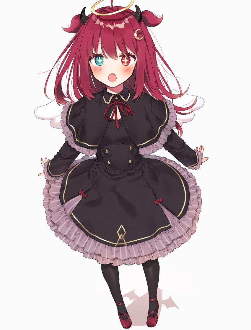 +_+ 1girl :o ahoge bangs black_capelet black_dress black_legwear blue_eyes blush bow capelet commentary crescent crescent_hair_ornament demon_horns dress eyebrows_visible_through_hair fingernails frilled_capelet frilled_dress frilled_sleeves frills full_body grey_background hair_between_eyes hair_ornament halo heterochromia highres horns long_hair long_sleeves looking_at_viewer manio mini_wings multicolored_hair neck_ribbon nijisanji open_mouth pantyhose red_bow red_eyes red_footwear red_ribbon redhead ribbon shadow shoes sleeves_past_wrists solo standing two-tone_hair two_side_up virtual_youtuber white_wings wings yuzuki_roa