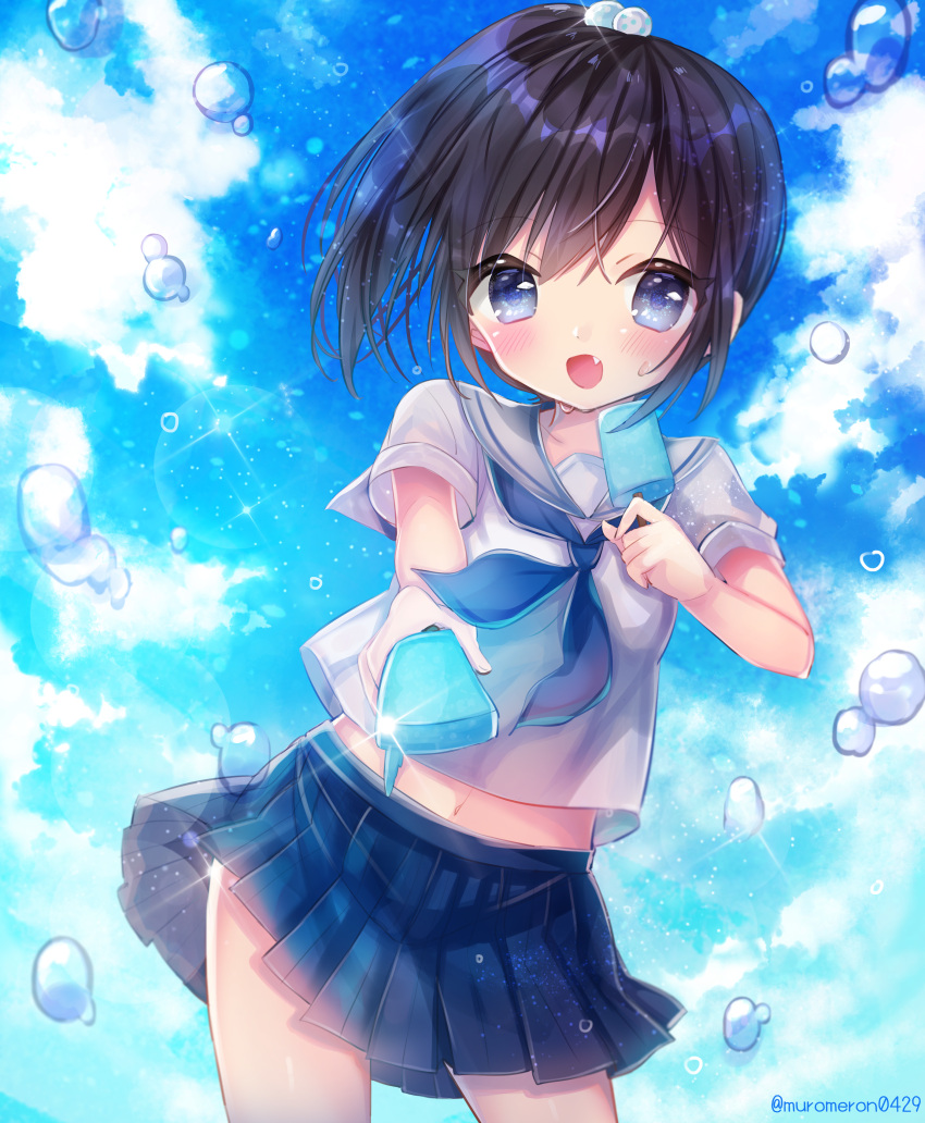 1girl absurdres bangs black_hair blue_eyes blue_neckwear blue_skirt blue_sky blush clouds collarbone commentary_request contrapposto day eyebrows_visible_through_hair fang food hair_between_eyes hair_bobbles hair_ornament highres holding holding_food huge_filesize kohaku_muro looking_at_viewer navel neckerchief one_side_up open_mouth original outdoors pleated_skirt popsicle sailor_collar school_uniform serafuku shirt short_sleeves skirt sky solo twitter_username water_drop white_sailor_collar white_shirt