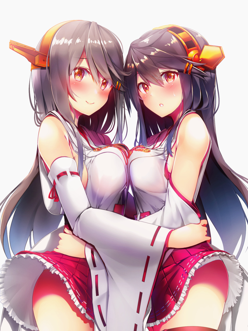 2girls bangs bare_shoulders black_hair blush breast_press breasts brown_eyes commentary_request detached_sleeves dual_persona hair_ornament hairclip haruna_(kantai_collection) headgear highres kantai_collection long_hair looking_at_viewer medium_breasts multiple_girls parted_lips red_skirt remodel_(kantai_collection) ribbon-trimmed_skirt ribbon-trimmed_sleeves ribbon_trim shiny shiny_hair simple_background skirt smile swept_bangs symmetrical_docking tsukui_kachou white_background