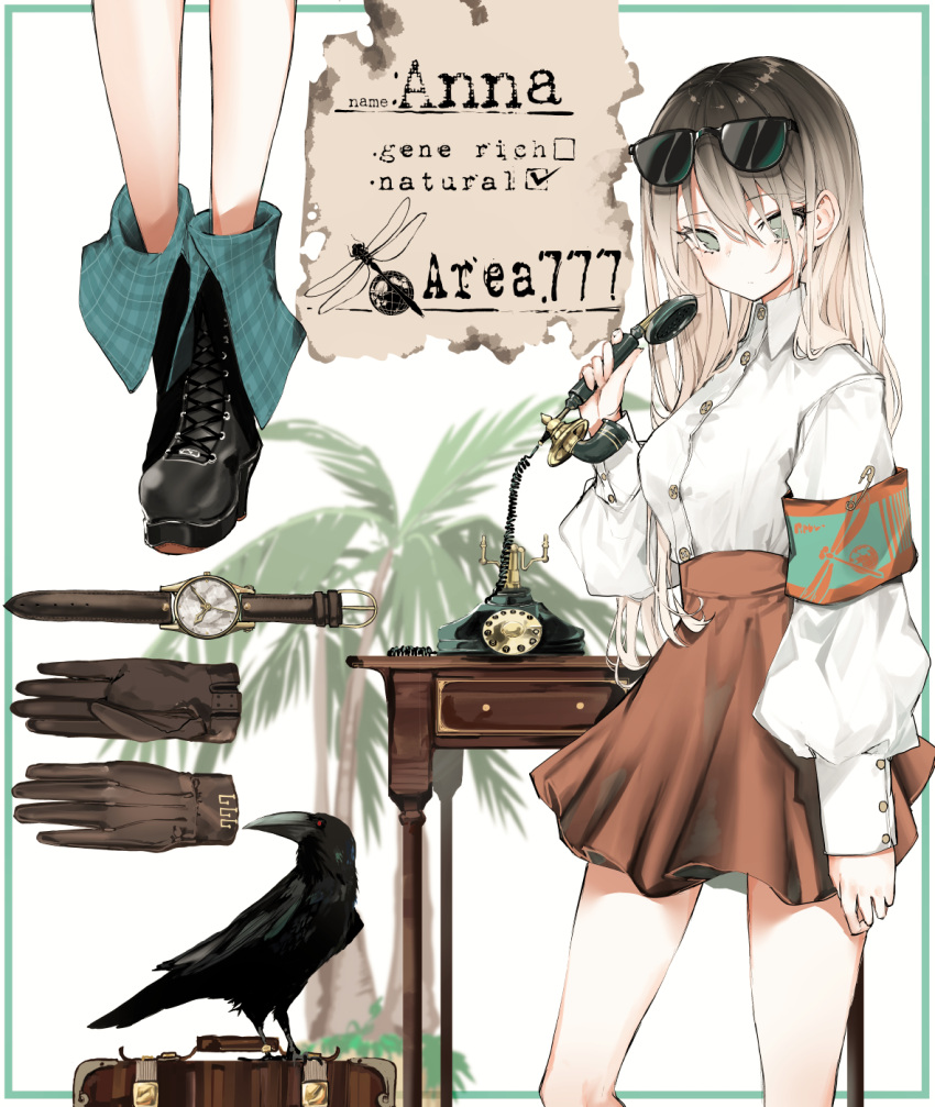 1girl antique_telephone bangs bird bird_request black_footwear blonde_hair brown_gloves brown_skirt buttons character_name character_profile character_sheet collared_shirt cross-laced_footwear gloves gloves_removed gradient_hair green_eyes high-waist_skirt highres holding holding_phone long_hair long_sleeves looking_at_viewer luggage multicolored_hair naruwe nightstand original palm_tree phone puffy_long_sleeves puffy_sleeves raven_(animal) safety_pin shirt sidelocks skirt straight_hair tree watch watch white_shirt