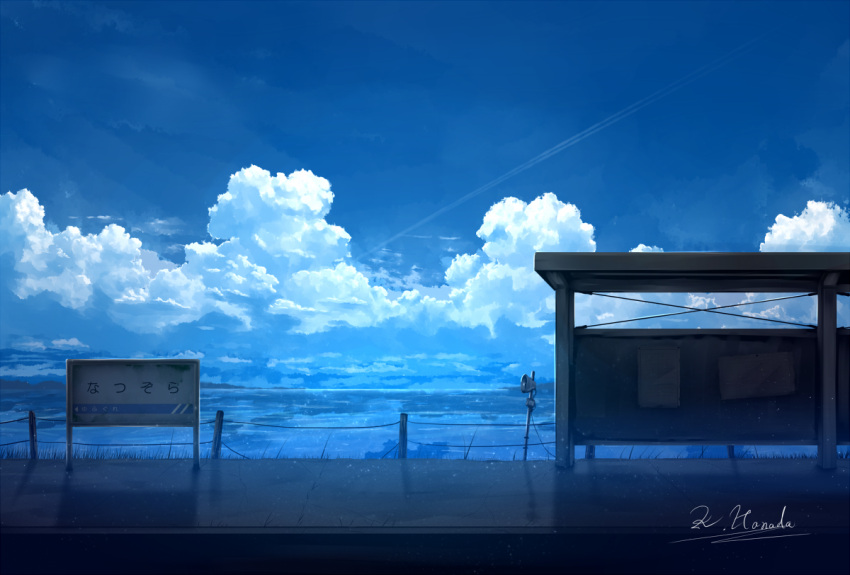 alu.m_(alpcmas) blue_sky blue_theme clouds condensation_trail horizon light_particles no_humans ocean original scenery sign signature sky speaker summer train_station translated water