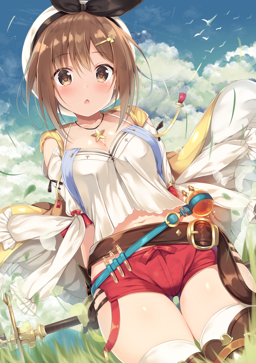 1girl :o arms_behind_back atelier_(series) atelier_ryza bangs bare_shoulders belt belt_buckle beret black_ribbon blue_sky blue_vest blush breasts brown_belt brown_eyes brown_gloves brown_hair buckle clouds cloudy_sky collarbone commentary_request day drawstring dutch_angle eyebrows_visible_through_hair gloves grass hair_between_eyes hair_ornament hairclip hat highres jacket jewelry leather leather_belt leather_gloves long_sleeves navel necklace open_clothes open_jacket outdoors parted_lips puffy_long_sleeves puffy_sleeves red_shorts reisalin_stout ribbon round-bottom_flask shiny shiny_skin shirt short_shorts shorts shoulder_cutout single_glove sky sleeveless_jacket solo thigh-highs thighs tomoo_(tomo) vest vial white_headwear white_legwear white_shirt wind yellow_jacket