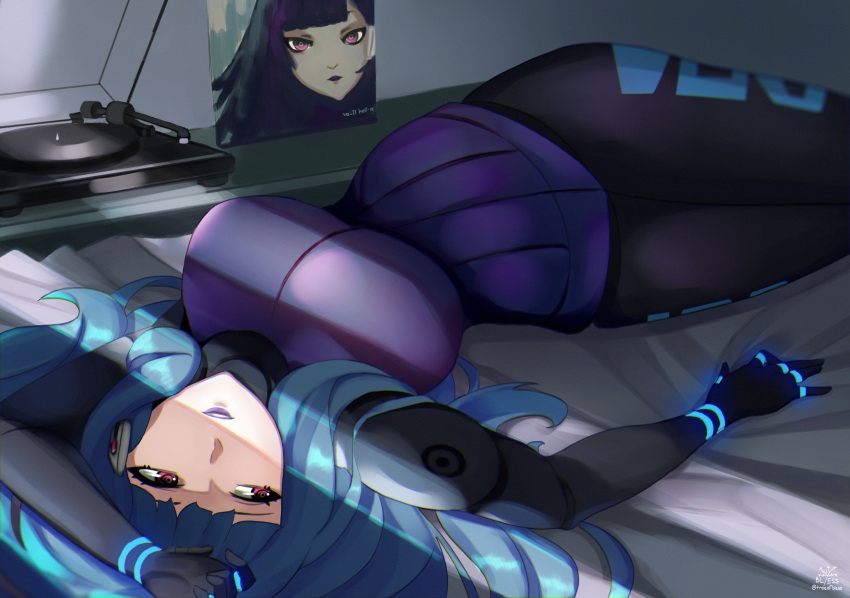 1girl bangs blue_hair blunt_bangs breasts copyright_name cyberpunk cyborg highres jayceaua kira_miki large_breasts light_rays lips lipstick long_hair lying makeup neon_trim on_back on_bed pants phonograph purple_lipstick record red_eyes ribbon robot_ears slender_waist solo tight tight_pants upside-down va-11_hall-a