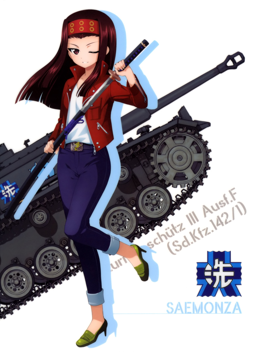 1girl absurdres blue_pants brown_eyes brown_hair character_name collarbone floating_hair girls_und_panzer green_footwear grin ground_vehicle headband high_heels highres holding holding_sheath holding_sword holding_weapon jacket katana leg_up long_hair long_sleeves looking_at_viewer military military_vehicle motor_vehicle one_eye_closed open_clothes open_jacket pants red_headband red_jacket saemonza sheath shirt smile solo standing standing_on_one_leg sturmgeschutz_iii sword tank unsheathing weapon white_background white_shirt