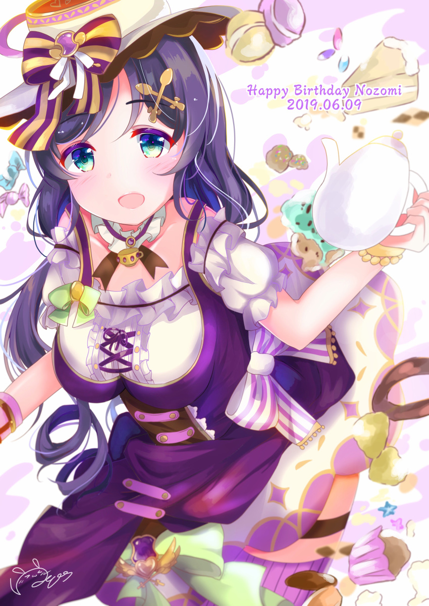 1girl absurdres bangs birthday breasts cake character_name commentary_request cupcake dated depe english_text food green_eyes hair_ornament_removed happy_birthday hat highres large_breasts looking_at_viewer love_live! love_live!_school_idol_project purple_hair signature solo sweets teapot toujou_nozomi