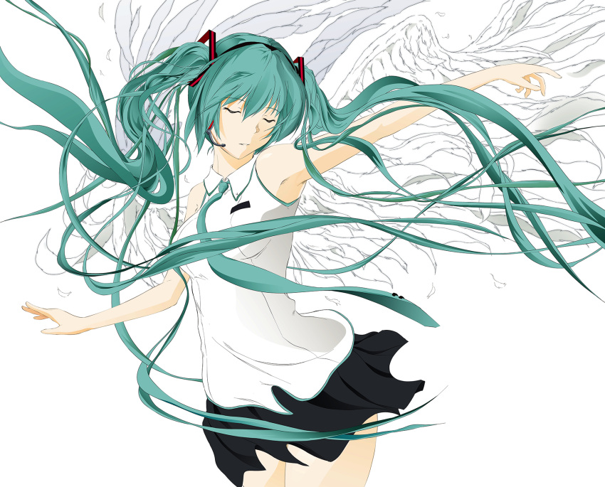 1girl aqua_hair aqua_neckwear armpits asunogear black_hairband black_skirt breasts closed_eyes closed_mouth collared_shirt cowboy_shot eyebrows_visible_through_hair feathered_wings floating_hair hair_between_eyes hairband hatsune_miku headphones headset highres long_hair medium_breasts microphone miniskirt necktie outstretched_arms pleated_skirt shirt simple_background skirt sleeveless sleeveless_shirt solo standing twintails very_long_hair vocaloid white_background white_shirt white_wings wing_collar wings