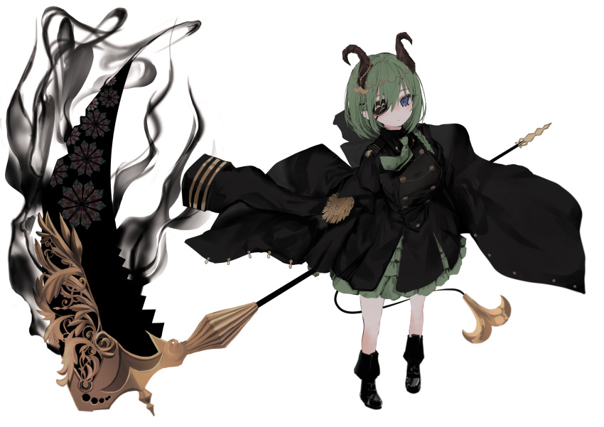 1girl aiguillette aura bandages bangs black_eyepatch black_footwear black_jacket blue_eyes blunt_bangs bob_cut boots chain commentary dark_aura demon_girl demon_horns demon_tail double-breasted dress eyepatch full_body gold_chain gold_trim green_dress green_hair green_neckwear highres holding holding_scythe holding_weapon honey_strap horns jacket looking_at_viewer military military_uniform naruwe necktie oversized_object pointy_ears scythe sekishiro_mico short_hair simple_background sleeves_past_fingers sleeves_past_wrists solo tail uniform virtual_youtuber weapon white_background
