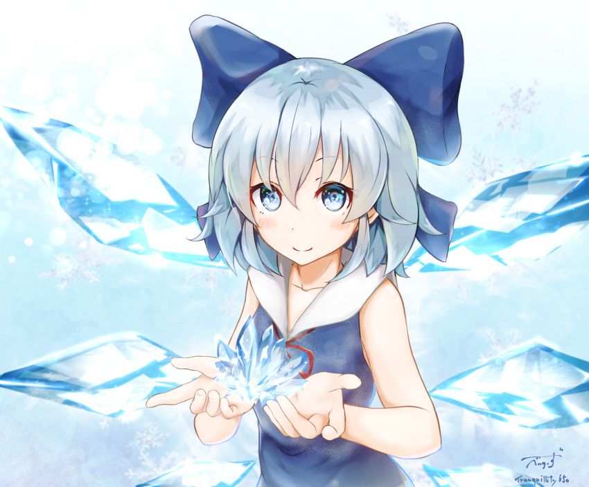 1girl artist_name baileys_(tranquillity650) bangs bare_arms blue_bow blue_eyes blue_hair blue_shirt blush bow cirno closed_mouth commentary_request eyebrows_visible_through_hair hair_between_eyes hair_bow highres ice ice_wings open_hands red_ribbon ribbon shirt short_hair sleeveless smile solo touhou upper_body wings