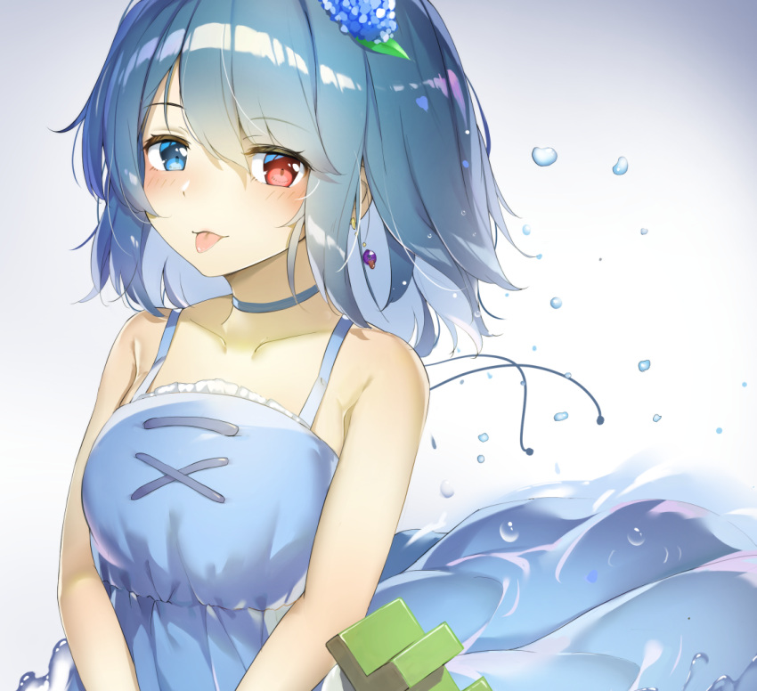1girl :p alternate_costume bangs bare_arms blue_choker blue_dress blue_eyes blue_hair blush breasts choker collarbone commentary_request dress earrings eyebrows_visible_through_hair flower gradient gradient_background hair_between_eyes hair_flower hair_ornament heterochromia jewelry looking_at_viewer medium_breasts medium_hair piyodesu red_eyes shiny shiny_hair silver_background simple_background sleeveless sleeveless_dress smile solo tatara_kogasa tongue tongue_out touhou upper_body water white_background wind