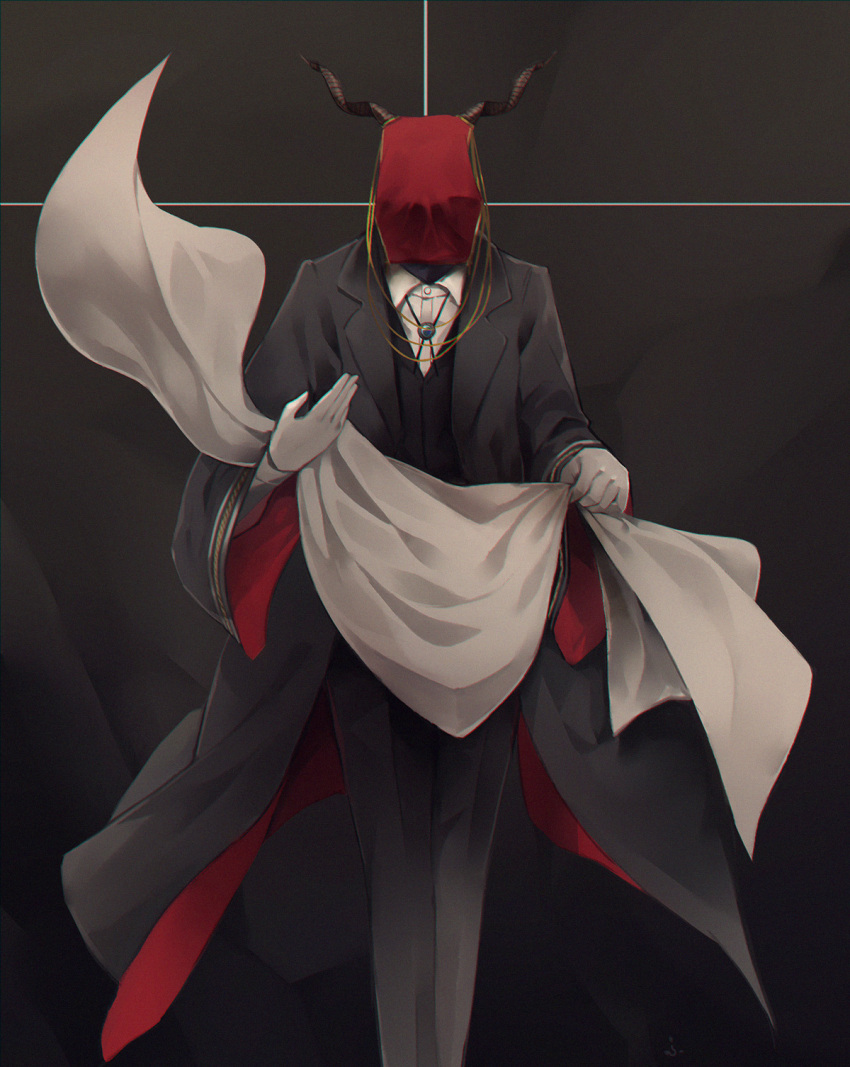 1boy chromatic_aberration commentary covered_face ellias_ainsworth film_grain formal gloves highres horns mahou_tsukai_no_yome male_focus nekochu_(masamura38b) solo suit white_gloves wide_sleeves