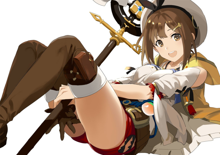 1girl atelier_(series) atelier_ryza bangs belt beret breasts brown_eyes brown_footwear brown_gloves brown_hair collarbone commentary_request gloves hair_ornament hairclip hat holding looking_at_viewer lying medium_breasts ningen_(ningen96) on_back red_shorts reisalin_stout round-bottom_flask short_shorts shorts simple_background single_glove smile solo staff thigh-highs white_background