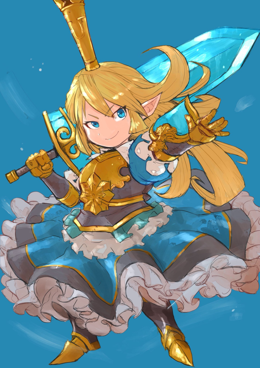 &gt;:) 1girl armor armored_boots armored_dress bangs blonde_hair blue_background blue_dress blue_eyes boots breastplate charlotta_fenia closed_mouth commentary_request crown dress eyebrows_visible_through_hair frilled_dress frills full_body gauntlets granblue_fantasy harvin highres holding holding_sword holding_weapon long_hair mini_crown nikukaiq outstretched_arm over_shoulder pleated_dress pointy_ears puffy_short_sleeves puffy_sleeves short_sleeves smile solo standing sword sword_over_shoulder v-shaped_eyebrows very_long_hair weapon weapon_over_shoulder