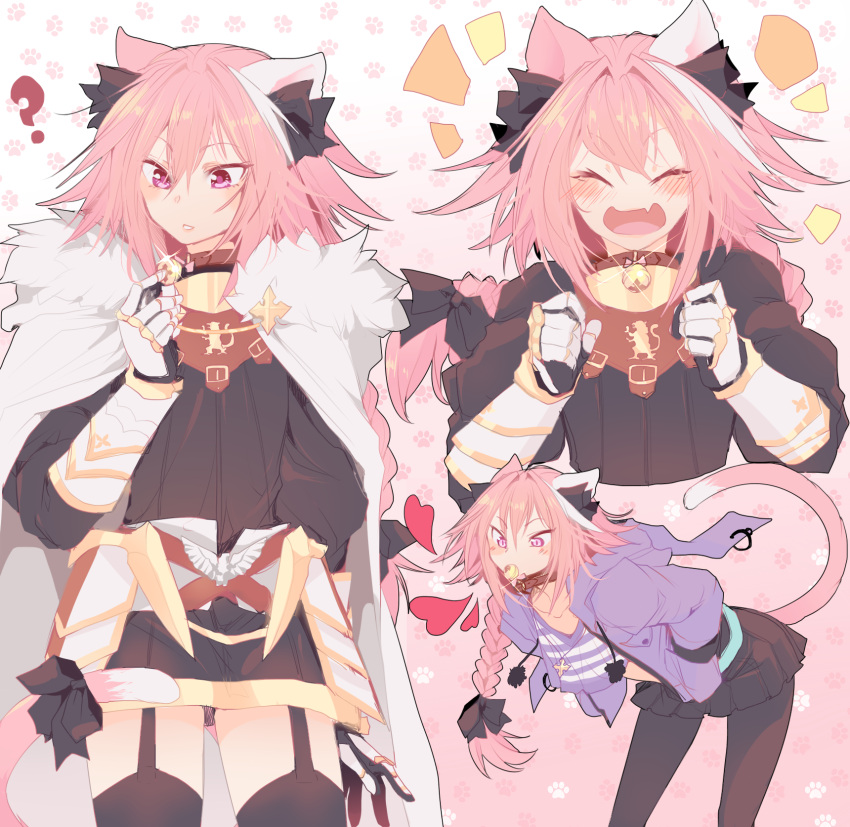 1boy ? ^_^ ^o^ animal_ears armor astolfo_(fate) bell bell_collar black_legwear black_skirt blush cat_ears cat_tail closed_eyes collar eyebrows_visible_through_hair facing_viewer fang fate/apocrypha fate/grand_order fate_(series) garter_straps heart highres kemonomimi_mode long_hair looking_away multicolored_hair open_mouth pantyhose parted_lips pink_hair skirt smile srinitybeast tail thigh-highs violet_eyes white_hair