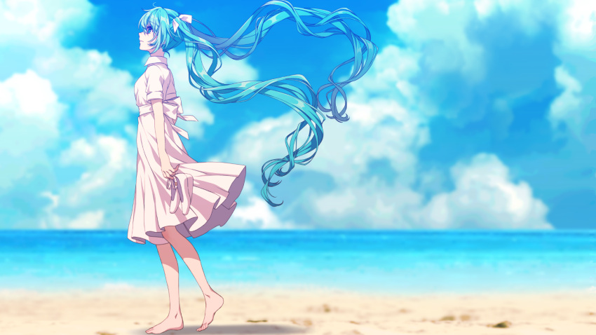 1girl barefoot beach blue_eyes blue_hair blue_sky blurry blurry_background bow clouds collared_shirt day floating_hair from_side hair_bow hatsune_miku high-waist_skirt highres holding holding_shoes long_hair looking_up matsuda_toki medium_skirt ocean outdoors pleated_skirt profile shirt shoes shoes_removed short_sleeves skirt sky solo standing very_long_hair vocaloid walking white_bow white_footwear white_shirt white_skirt wing_collar