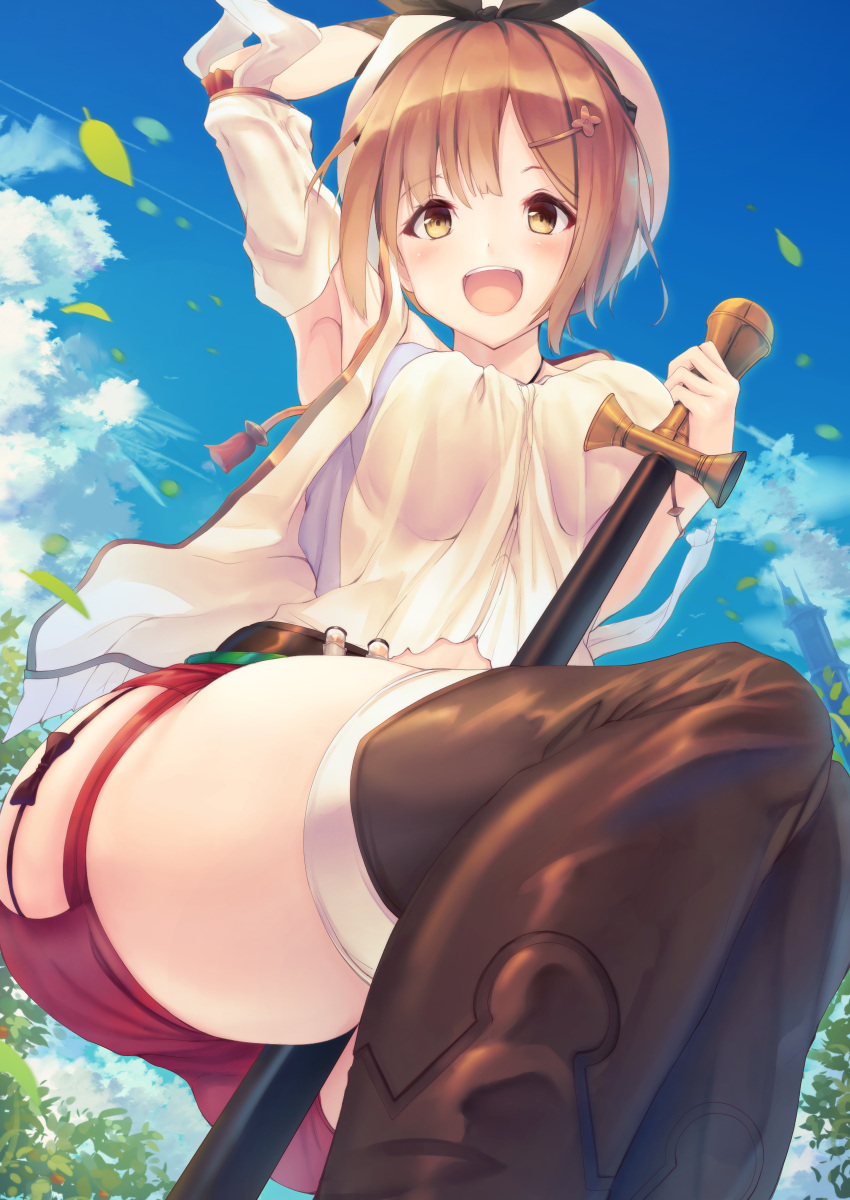 1girl :d absurdres arm_behind_head atelier_(series) atelier_ryza blue_sky brown_hair brown_legwear clouds commentary_request day eyebrows_visible_through_hair hair_ornament hairclip hat highres holding holding_staff leaf liya open_mouth red_shorts reisalin_stout short_hair short_shorts shorts sky smile solo staff thigh-highs thighs white_headwear wind yellow_eyes
