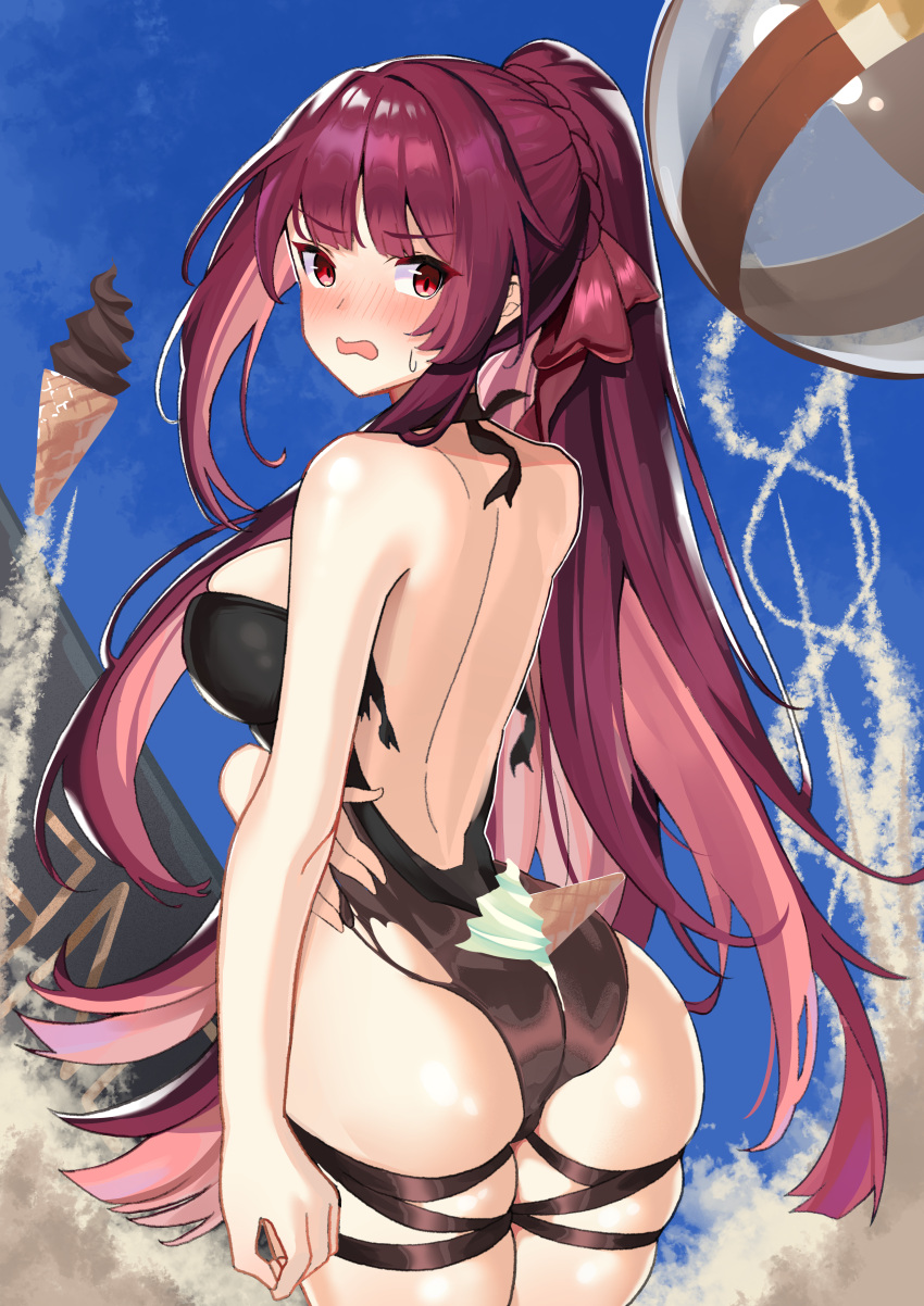 1girl absurdres alternate_costume alternate_hairstyle ass bangs be_garam black_swimsuit blush braid breasts cowboy_shot embarrassed eyebrows_visible_through_hair french_braid from_behind girls_frontline hair_ribbon highres large_breasts long_hair looking_at_viewer looking_back open_mouth ponytail purple_hair red_eyes ribbon solo sweatdrop swimsuit torn_clothes very_long_hair wa2000_(girls_frontline)