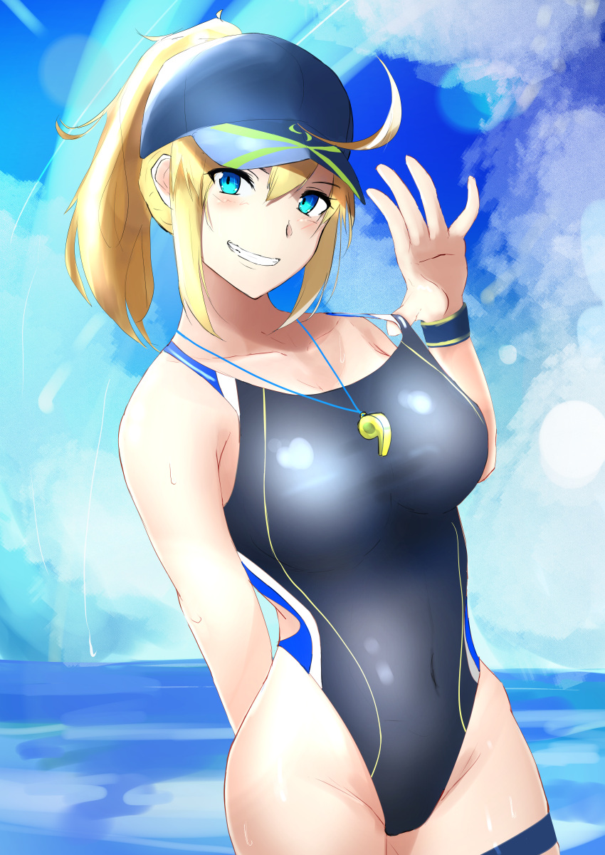 1girl absurdres ahoge artoria_pendragon_(all) aya_(user_ddya7452) baseball_cap black_swimsuit blonde_hair blue_eyes blue_headwear blue_sky breasts clouds commentary_request competition_swimsuit cowboy_shot fate/grand_order fate_(series) grin hair_through_headwear hat highres huge_filesize large_breasts looking_at_viewer mysterious_heroine_xx_(foreigner) one-piece_swimsuit ponytail sky smile solo swimsuit swimsuit_pull tan tanline whistle whistle_around_neck