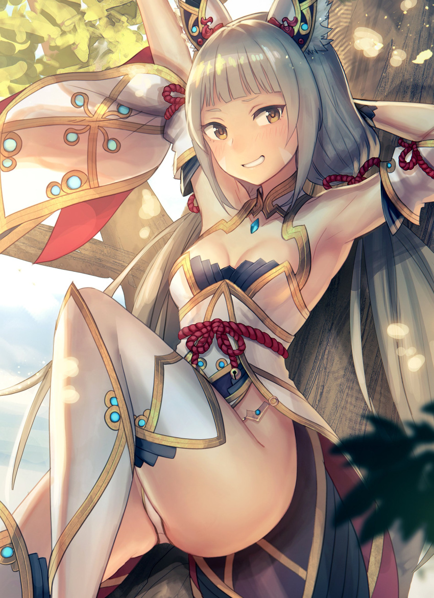 1girl absurdres anbe_yoshirou animal_ears bangs bare_shoulders bell blunt_bangs cat_ears detached_sleeves forest gloves grin hair_ribbon highres leotard long_hair low_twintails nature niyah open_mouth outdoors ribbon silver_hair smile solo thighs twintails white_gloves white_legwear xenoblade_(series) xenoblade_2 yellow_eyes yellow_ribbon