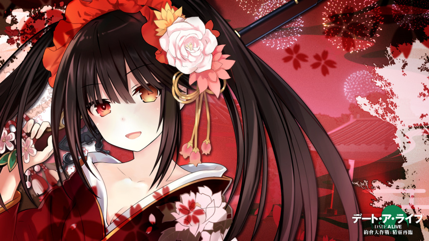 1girl :d black_hair brown_eyes clock_eyes collarbone copyright_name date_a_live eyebrows_visible_through_hair fireworks floating_hair floral_print flower gun hair_between_eyes hair_flower hair_ornament hairband head_tilt heterochromia highres holding holding_gun holding_weapon japanese_clothes kimono lolita_hairband long_hair looking_at_viewer open_mouth print_kimono red_background red_eyes red_kimono rifle smile solo symbol-shaped_pupils tokisaki_kurumi twintails upper_body very_long_hair weapon white_flower yukata