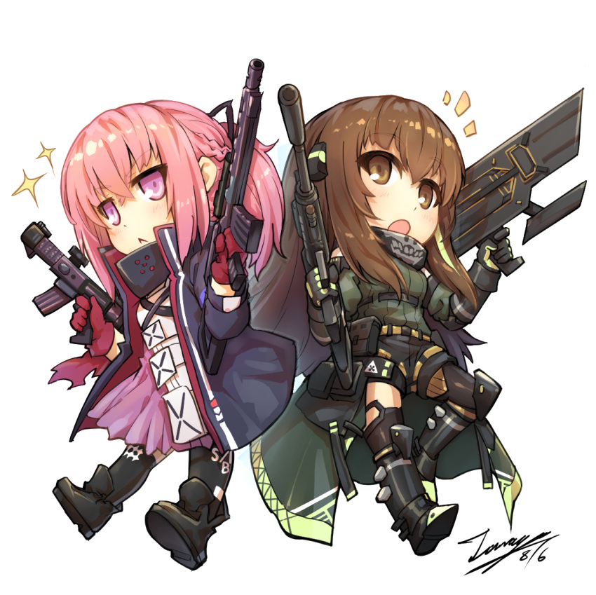 2girls :&lt; :o ar-15 assault_rifle bangs black_footwear black_gloves black_jacket black_legwear black_ribbon black_shorts blonde_hair blush boots braid brown_eyes brown_hair chibi closed_mouth commentary dated dress eyebrows_visible_through_hair girls_frontline gloves green_sweater gun hair_between_eyes hair_ribbon holding holding_gun holding_weapon jacket knee_boots long_hair long_sleeves m4_carbine m4a1_(girls_frontline) multicolored_hair multiple_girls notice_lines object_namesake open_clothes open_jacket open_mouth pantyhose pink_hair pleated_dress ponytail purple_dress red_gloves ribbed_sweater ribbon rifle shoe_soles short_shorts shorts signature simple_background single_leg_pantyhose single_thighhigh skull_print sparkle st_ar-15_(girls_frontline) streaked_hair sweater tama_yu thigh-highs very_long_hair violet_eyes weapon white_background