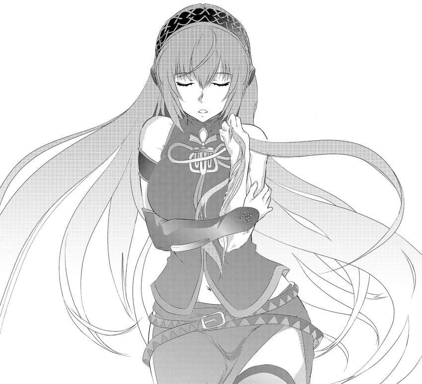 1girl arm_strap asunogear breasts closed_eyes detached_sleeves eyebrows_visible_through_hair floating_hair greyscale hair_between_eyes hairband headphones highres holding holding_hair large_breasts long_hair megurine_luka midriff monochrome navel open_mouth side_slit simple_background sketch skirt solo stomach thigh-highs very_long_hair vocaloid white_background