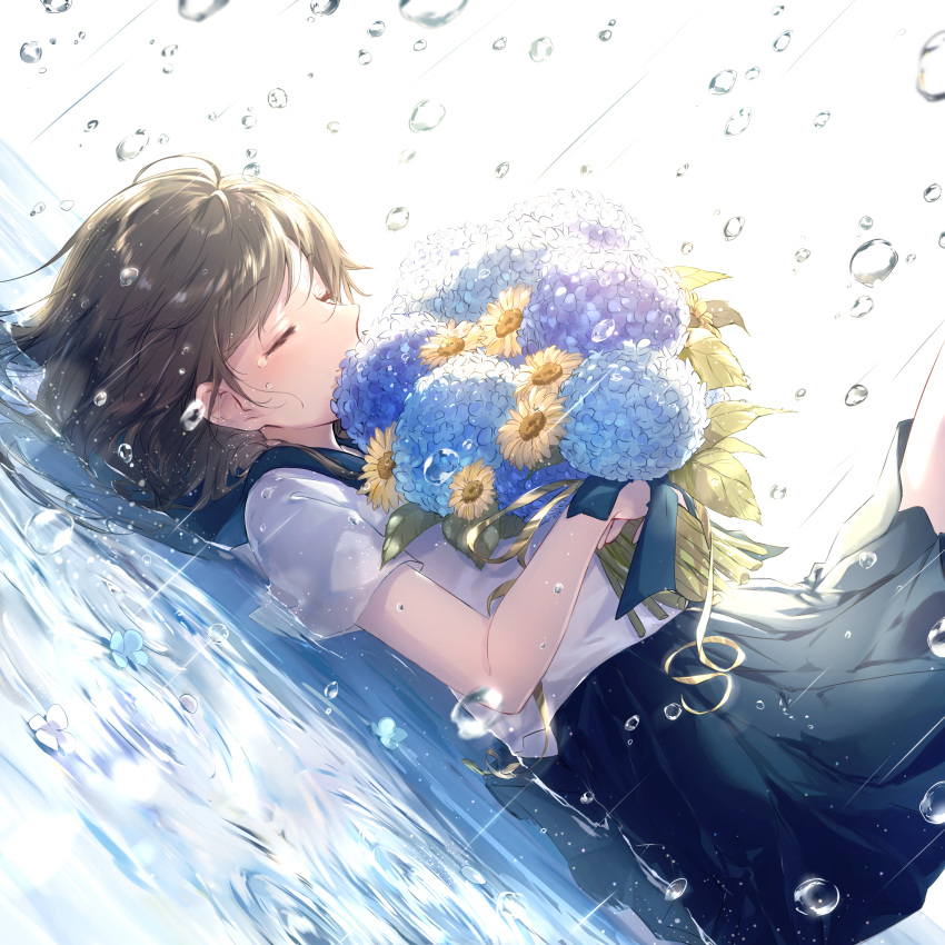 1girl absurdres blue_sailor_collar blue_skirt blush bouquet breasts brown_hair closed_mouth commentary_request crying dutch_angle flower from_side highres holding holding_bouquet hydrangea lying medium_breasts medium_skirt on_back original rain sailor_collar school_uniform sena_tea29 serafuku shallow_water shirt short_sleeves skirt smile solo sunflower tears water water_drop white_shirt