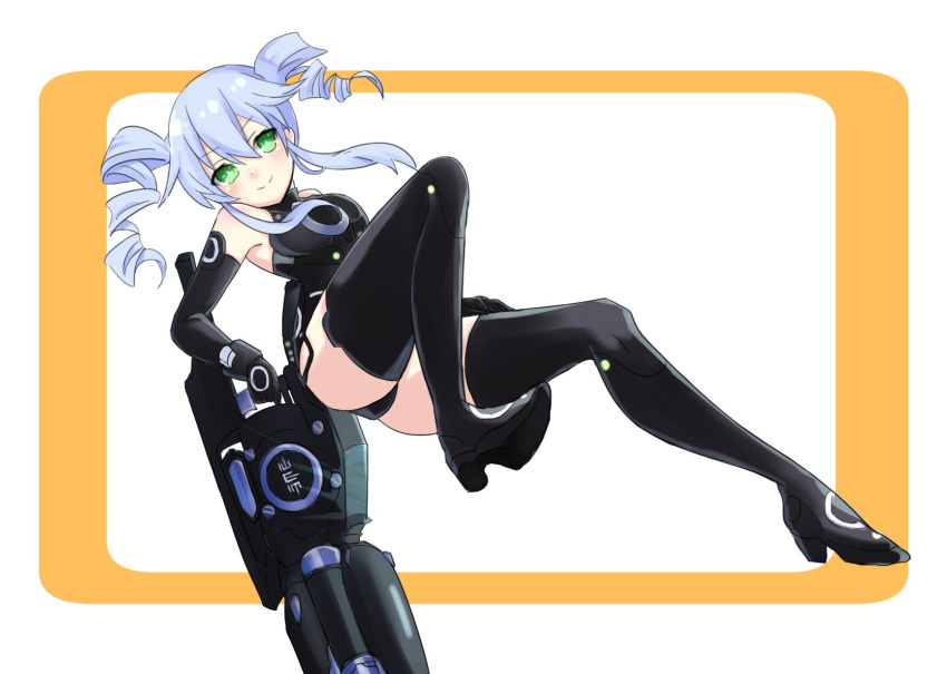 1girl ass black_gloves black_legwear black_sister breasts drill_hair elbow_gloves eyebrows_visible_through_hair gloves green_eyes grey_hair highres holding holding_weapon long_hair looking_at_viewer moya_44444 neptune_(series) small_breasts smile solo thigh-highs twin_drills weapon