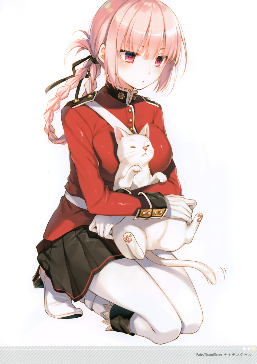 1girl absurdres blush braid breasts cat fate/grand_order fate_(series) florence_nightingale_(fate/grand_order) full_body gloves highres hug kneeling large_breasts long_hair military military_uniform pantyhose pink_hair red_eyes scan skirt solo toosaka_asagi uniform white_background white_gloves