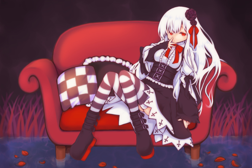 1girl azur_lane bangs black_flower black_footwear black_rose black_skirt boots bow breasts center_frills checkered commentary_request couch erebus_(azur_lane) flower frills hair_between_eyes hair_flower hair_ornament hand_up high-waist_skirt long_hair long_sleeves medium_breasts on_couch pillow red_bow red_eyes rose sakurato_ototo_shizuku shirt skirt sleeves_past_wrists solo striped striped_legwear thigh-highs very_long_hair water white_hair white_shirt wide_sleeves