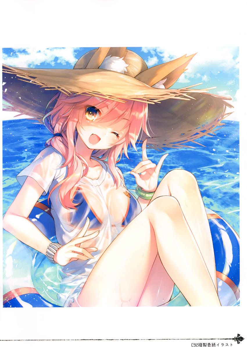 1girl ;d absurdres animal_ear_fluff animal_ears bangs bikini bikini_under_clothes blue_bikini bracelet breasts clouds collarbone day ears_through_headwear eyebrows_visible_through_hair eyes_visible_through_hair fang fate/extra fate_(series) fox_ears fox_shadow_puppet hair_between_eyes hair_tie hat highres innertube jewelry large_breasts long_hair looking_at_viewer looking_back one_eye_closed open_mouth outdoors pink_hair scan see-through shirt short_sleeves smile solo straw_hat sun_hat swimsuit t-shirt tamamo_(fate)_(all) tamamo_no_mae_(fate) tamamo_no_mae_(swimsuit_lancer)_(fate) toosaka_asagi transparent water wet wet_clothes wet_shirt wet_t-shirt white_shirt yellow_eyes