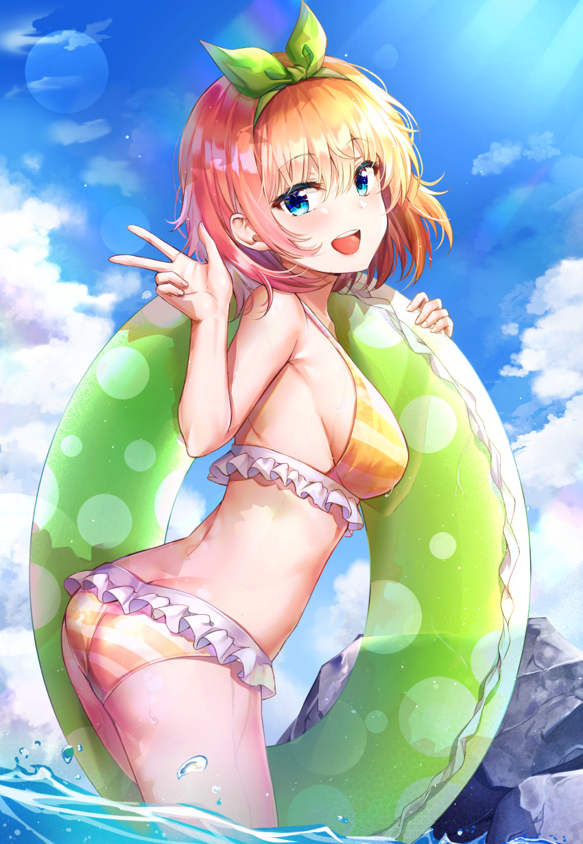 1girl :d absurdres ass bangs bikini blue_eyes blue_sky blush breasts clouds commentary day eyebrows_visible_through_hair frilled_bikini frills from_side go-toubun_no_hanayome green_ribbon hair_between_eyes hair_ribbon highres holding holding_innertube innertube large_breasts looking_at_viewer nakano_yotsuba open_mouth orange_hair outdoors revision ribbon short_hair sidelocks sky smile solo striped striped_bikini sunhyun swimsuit thighs twisted_torso w wading water wet