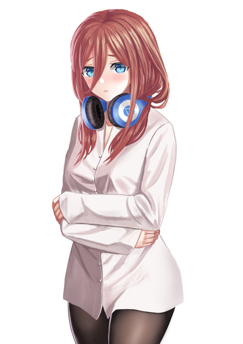 1girl arisku bangs black_legwear blue_eyes blush breasts brown_hair closed_mouth commentary_request dress_shirt eyebrows_behind_hair go-toubun_no_hanayome hair_between_eyes headphones headphones_around_neck highres long_hair long_sleeves looking_at_viewer nakano_miku no_pants pantyhose shirt simple_background sleeves_past_wrists small_breasts solo white_background white_shirt