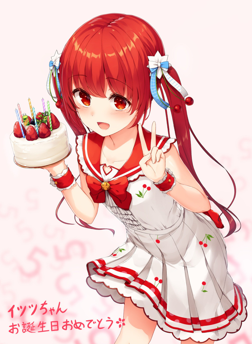 1girl :d bangs bow bowtie cake collarbone eyebrows_visible_through_hair floating_hair food hair_ornament highres holding holding_plate igarashi_itsutsu igarashi_itsutsu_(channel) leaning_forward long_hair looking_at_viewer miniskirt open_mouth plate pleated_skirt print_shirt print_skirt red_bow red_eyes red_neckwear red_sailor_collar redhead sailor_collar shiny shiny_hair shirt skirt sleeveless sleeveless_shirt smile solo standing tsuchikure twintails v very_long_hair white_background white_shirt white_skirt wrist_cuffs