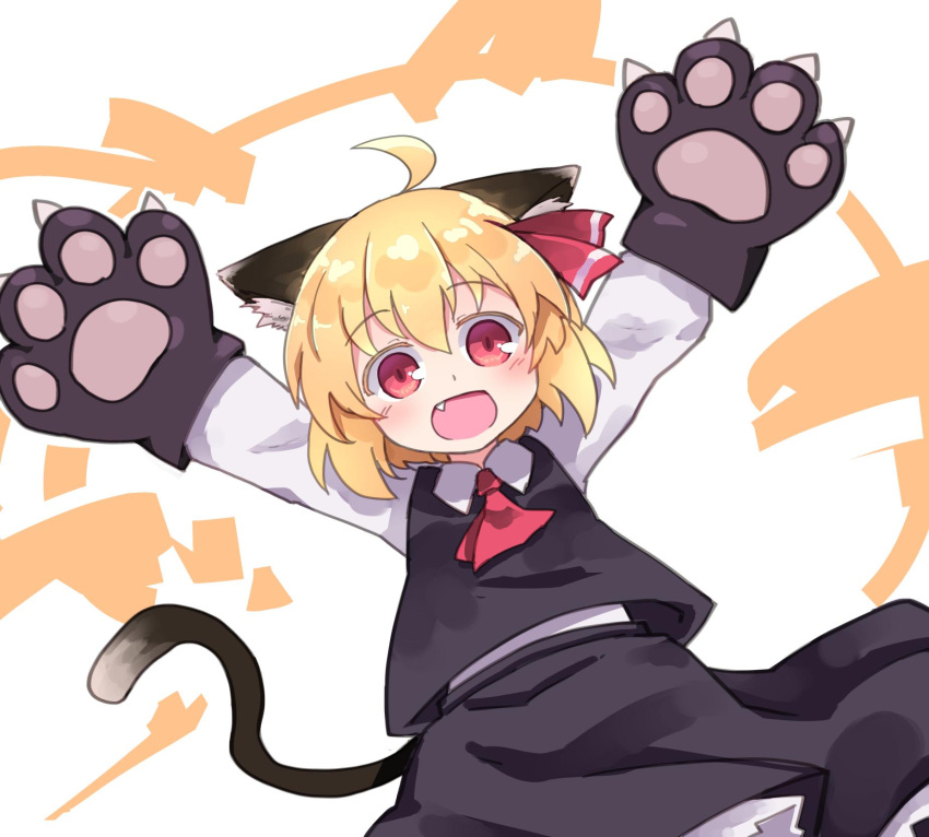 1girl :d ahoge animal_ear_fluff animal_ears arms_up ascot bangs black_skirt black_vest blonde_hair cat_ears cat_tail commentary_request eyebrows_visible_through_hair fang gloves hair_between_eyes hair_ribbon highres kemonomimi_mode kibisake long_sleeves looking_at_viewer open_mouth outstretched_arms paw_gloves paws red_eyes red_neckwear red_ribbon ribbon rumia shirt short_hair simple_background skirt skirt_set smile solo spread_arms tail touhou vest white_background white_shirt