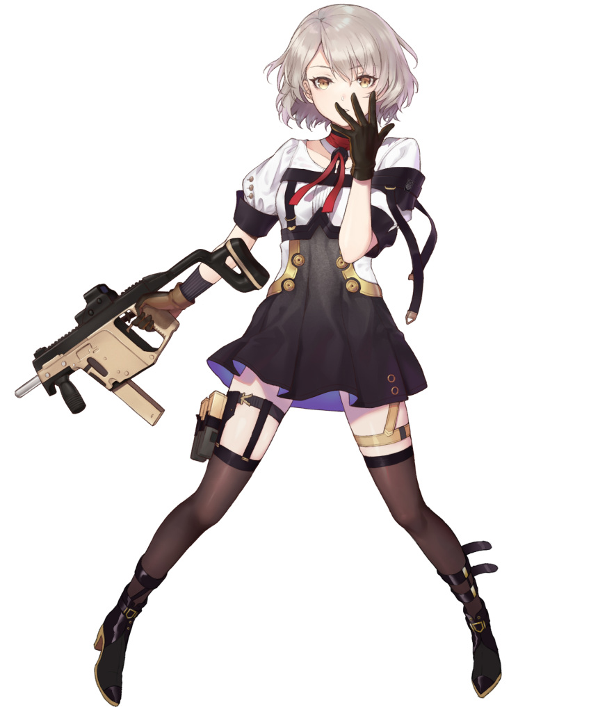 1girl bangs black_footwear black_gloves black_legwear brown_eyes brown_gloves choker covering_mouth dress eyebrows_visible_through_hair full_body girls_frontline gloves grey_hair gun hair_between_eyes hand_over_own_mouth highres holding holding_gun holding_weapon kriss_vector legs_apart leon_v looking_at_viewer multicolored multicolored_clothes multicolored_dress multicolored_gloves parted_lips red_neckwear short_hair short_sleeves silver_hair solo standing submachine_gun thigh-highs trigger_discipline vector_(girls_frontline) weapon white_background yellow_eyes