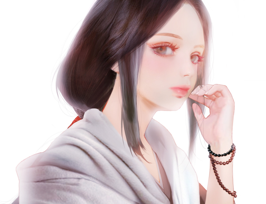 1girl artist_request bead_bracelet beads black_hair bracelet brown_eyes closed_mouth divine_child_of_rejuvenation expressionless eyelashes hand_in_hair hand_up highres japanese_clothes jewelry kimono layered_clothing layered_kimono lips long_hair looking_at_viewer pink_lips realistic sekiro:_shadows_die_twice sidelocks simple_background solo source_request upper_body white_background