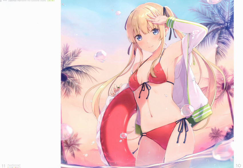 1girl 6u_(eternal_land) absurdres arm_up bikini blonde_hair blue_eyes breasts highres holding jacket long_hair long_sleeves looking_at_viewer navel red_bikini saenai_heroine_no_sodatekata sawamura_spencer_eriri scan shiny shiny_hair shiny_skin small_breasts solo stomach swimsuit twintails