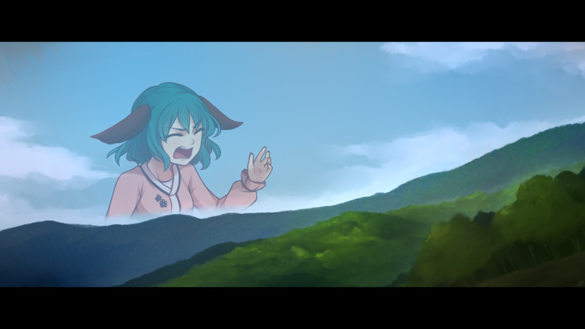 1girl animal_ears blue_sky closed_eyes commentary english_commentary eyebrows_visible_through_hair green_hair hand_up highres kasodani_kyouko landscape letterboxed medium_hair meme open_mouth parody sky solo speckticuls touhou v-shaped_eyebrows