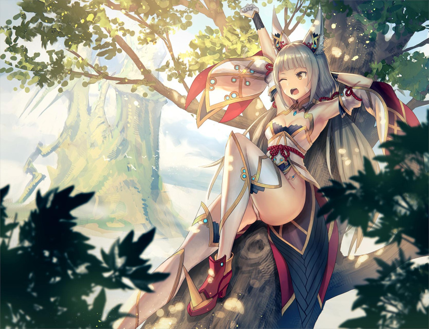 1girl anbe_yoshirou animal_ears bangs bare_shoulders bell blunt_bangs cat_ears detached_sleeves forest gloves hair_ribbon highres leotard long_hair low_twintails nature niyah one_eye_closed open_mouth outdoors red_ribbon ribbon silver_hair solo thighs twintails white_gloves white_legwear xenoblade_(series) xenoblade_2 yawning yellow_eyes
