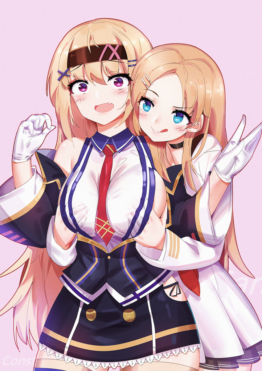 2girls :q absurdres background_text bangs bare_shoulders between_breasts black_jacket black_skirt blonde_hair blue_eyes blush breast_grab breasts brown_hairband closed_mouth collared_shirt commentary_request constellation_(warship_girls_r) dress eyebrows_visible_through_hair fang gloves grabbing grabbing_from_behind hair_between_eyes hair_ornament hairband hairclip hand_under_clothes hand_under_shirt highres jacket large_breasts long_hair long_sleeves multiple_girls necktie necktie_between_breasts off_shoulder open_clothes open_jacket open_mouth parted_bangs pink_background pleated_dress red_neckwear saratoga_(warship_girls_r) shirt simple_background skirt sleeveless sleeveless_shirt smile thigh-highs tongue tongue_out very_long_hair violet_eyes warship_girls_r white_dress white_gloves white_shirt x_hair_ornament ze_(wzfnn001)