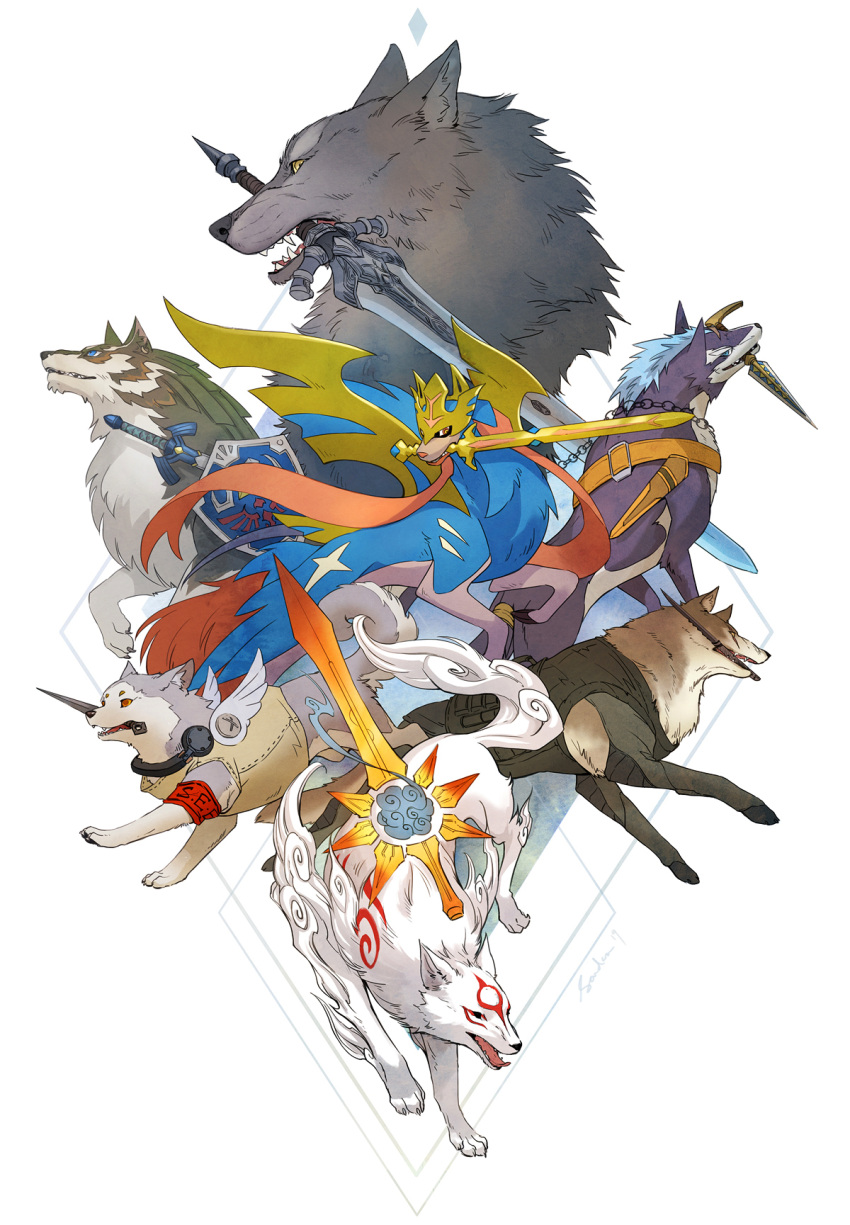 amaterasu angel_wings armband blue_eyes commentary crossover dagger dark_souls diamond_dog dog english_commentary fangs gen_8_pokemon great_grey_wolf_sif greatsword highres koromaru kunai leash link link_(wolf) markings master_sword metal_gear_(series) metal_gear_solid_v mouth_hold multiple_crossover ookami_(game) persona persona_3 pokemon pokemon_(creature) repede revision sandara shield simple_background smile souls_(from_software) sword sword_in_mouth tail tales_of_(series) tales_of_vesperia the_legend_of_zelda the_legend_of_zelda:_twilight_princess trait_connection vest weapon white_background wings wolf yellow_eyes zacian