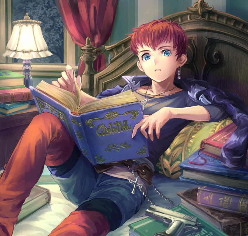 1boy blue_eyes bomssp book highres jr. lamp looking_at_viewer pile_of_books redhead single_earing sitting_on-bed solo xenosaga