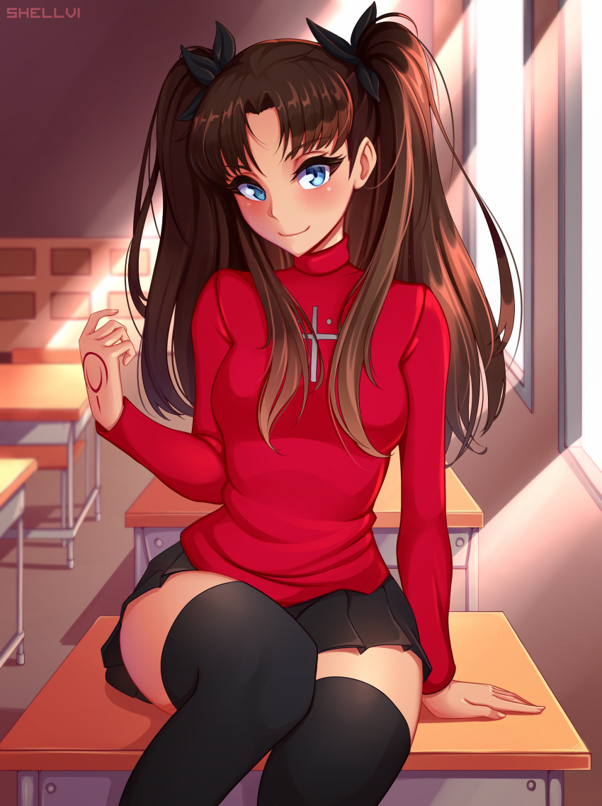 1girl absurdres arm_support artist_name bangs black_hair black_legwear black_skirt blue_eyes chair classroom command_spell cross desk eyebrows_visible_through_hair fate/stay_night fate_(series) hair_ribbon highres long_hair long_sleeves looking_at_viewer miniskirt on_desk parted_bangs pleated_skirt red_ribbon red_shirt ribbon school_chair school_desk shellvi shirt sitting sitting_on_desk skirt smile solo thigh-highs toosaka_rin turtleneck two_side_up zettai_ryouiki